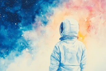 Poster - Astronaut gazing at a colorful cosmic backdrop filled with stars and nebulae in a vast galaxy