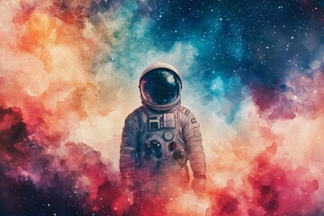 Poster - Astronaut standing in vibrant cosmic landscape among colorful clouds and stars in deep space