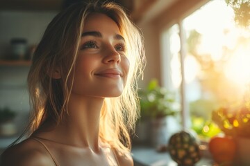 Young woman enjoys warm sunlight while standing near a window filled with plants in the afternoon