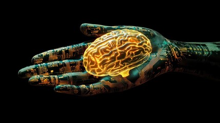Poster - A Robotic Hand Gently Holds A Glowing Brain