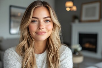 Wall Mural - Young woman with long blonde hair smiles warmly in a cozy living room setting during daylight