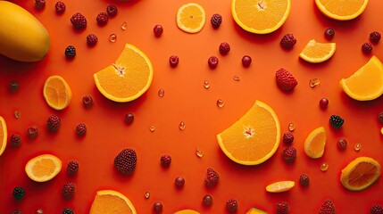 Poster - Vibrant Orange Slices and Berries Arranged on Orange Background