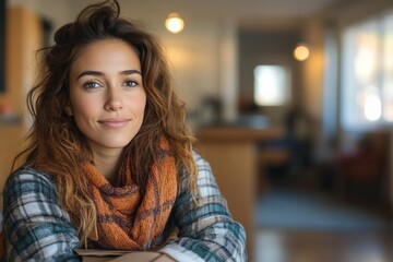 Wall Mural - Young woman with curly hair smiling warmly in a cozy indoor setting during daytime