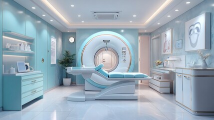Poster - Pediatric radiology department diagnostic instruments Xray machines and neatly arranged medicine cabinets for child patients featuring a clean and bright design