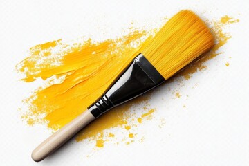 Aufkleber - Bright yellow paint brush on a textured surface with vibrant strokes of paint during an art project at a creative studio