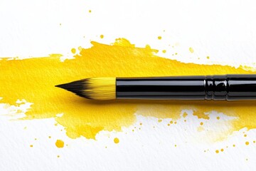 Poster - Bright yellow watercolor brush resting on a vibrant paint stroke on textured paper