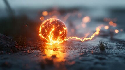 Poster - Glowing Orb of Fire Rolling Across Dark Ground