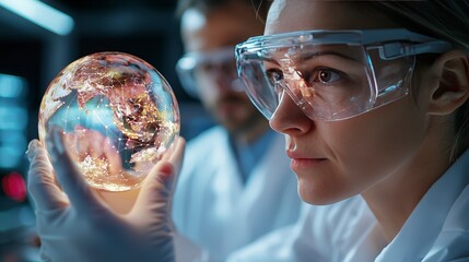 Poster - Scientist Analyzing Globe with Data Visualization in Laboratory Setting for Innovative Research and Technology Development