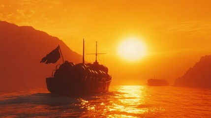 Poster - Sunset Silhouette Of A Cargo Ship Sailing On The Ocean