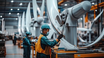 Poster - Worker Assembling Wind Turbine Blades In Factory