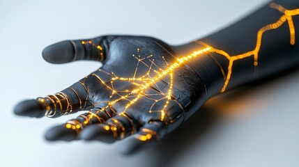Poster - Futuristic robotic hand with glowing circuits showcasing advanced technology and innovation in artificial intelligence design