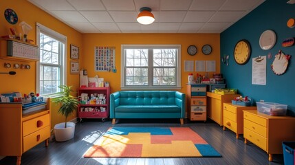 Poster - Pediatric treatment room neatly arranged stethoscopes syringes and medical charts on colorful walls surrounded by bright cheerful decorations