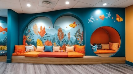 Poster - Pediatric waiting area featuring wooden toys colorful cushions whimsical wall art designed to create a calming environment for children before their appointments