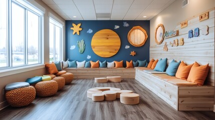 Poster - Pediatric waiting area featuring wooden toys colorful cushions whimsical wall art designed to create a calming environment for children before their appointments