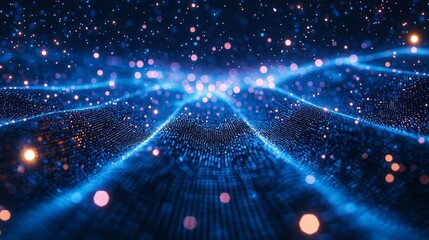 Aufkleber - A mesmerizing digital world unfolds with flowing waves and luminous particles that dance in a cosmic setting. This captivating design evokes a sense of depth and wonder as light glimmers