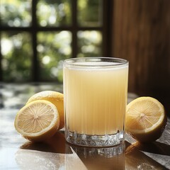 Poster - A glass of cold white almost clear juice, juice clean, 2 lemons, one of them cut, light background.