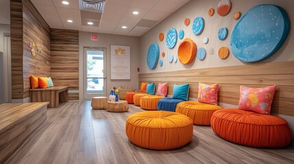 Poster - Pediatric waiting area featuring wooden toys colorful cushions whimsical wall art designed to create a calming environment for children before their appointments