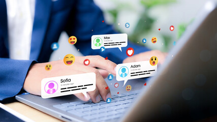 Social media and digital online concept, man using smart phone with Social media. online marketing, technology, chat, post, like, follow at phone screen.
