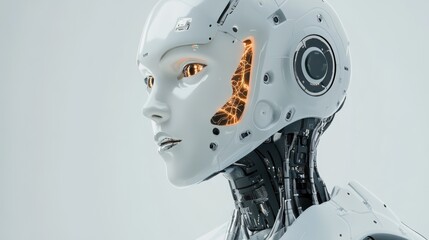 Poster - A futuristic female robot head and neck display internal mechanisms