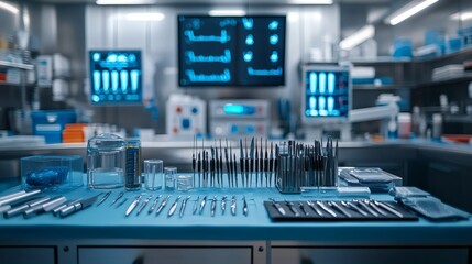 Poster - Sterilized scalpels forceps retractors neatly arranged in a modern surgical room with roboticassisted devices and heart monitors in the background