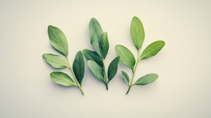 Poster - Three Green Leaf Sprigs Arranged on a Pale Background
