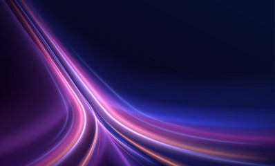 Poster - High speed effect motion blur night lights blue and red. Magic shining neon light line trails. Vector speed of light in space on dark background.	