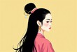 © Eliane - 黒髪の漢服の女の子, 工筆画, 清王朝, ピンクのドレス, ミニマリストの肖像画, 幾何学的な形, マットイエローの背景, ネオポップイラスト, 中国の絵画
