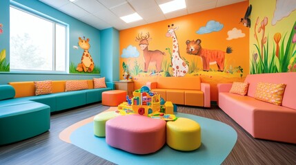 Poster - Colorful pediatric clinic waiting room with soft toys vibrant wall art featuring animals and nature pastelcolored furniture and a warm inviting atmosphere
