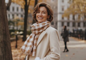 Wall Mural - an elegant woman in her late thirties, smiling and walking on the street wearing white trousers with wide pants legs, beige long coat