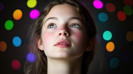 Poster - Young Woman Gazing Upwards Against Colorful Bokeh Lights