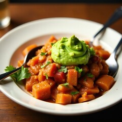 Wall Mural - Guacamole served on the side of the plate with fajita mixture, utensils, savory, aroma