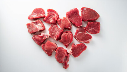 Wall Mural - Raw meat pieces in shape of heart isolated white backdrop. Organic product. Fresh beef. Tasty food