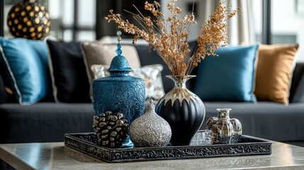 Poster - Elegant home decor collection featuring vases and accents in modern living room setting