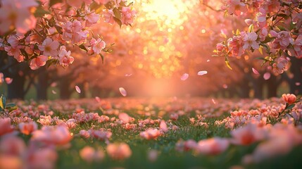 Poster - A vibrant meadow filled with multicolored flowers swaying gently, surrounded by majestic peach blossom trees in full bloom, delicate pink petals drifting in the air, bathed in soft golden sunlight.