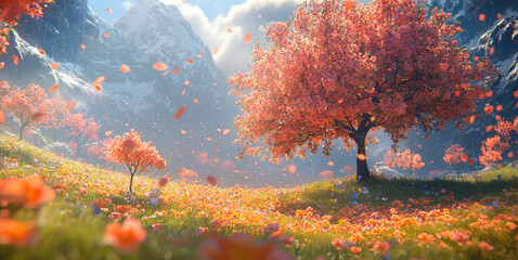 Poster - A vibrant meadow filled with multicolored flowers swaying gently, surrounded by majestic peach blossom trees in full bloom, delicate pink petals drifting in the air, bathed in soft golden sunlight.