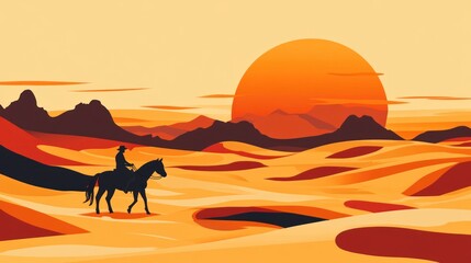 Canvas Print - Cowboy Rides Horse Across Desert Sunset Landscape