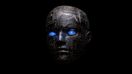 Poster - A robotic head with glowing blue eyes displays intricate circuitry