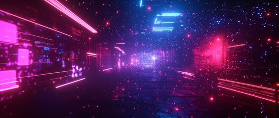 Poster - Glowing particles create a stunning abstract background in red and blue, capturing a dark cinematic atmosphere