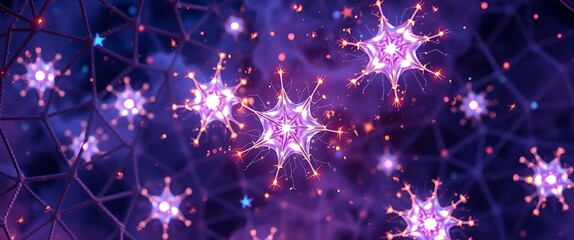 Colorful and glowing cells interacting in a dark environment