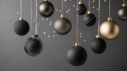 Poster - Christmas ornaments hanging on string in front of gray background