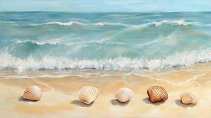 Canvas Print - Seashells Resting on a Sandy Beach Near Ocean Waves