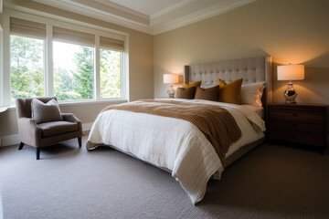 Cozy and modern bedroom with warm tones near large windows overlooking greenery