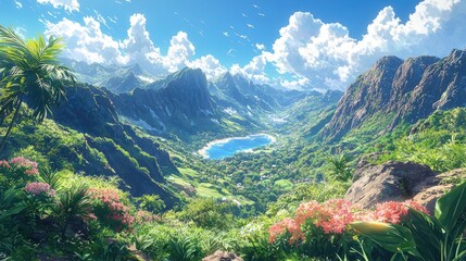 Wall Mural - Tropical Island Paradise: Breathtaking Valley, Lush Mountains, and Azure Ocean View