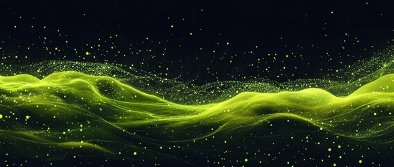 Fototapete - Glowing yellow particles and green landscape create an abstract universe with flying sand on a dark night