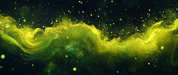 Fototapete - Glowing yellow particles and green landscape create an abstract universe with flying sand on a dark night