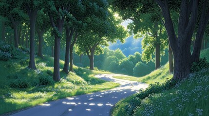 Poster - Sunlit Winding Road Through Lush Green Forest