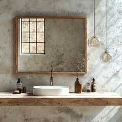 Fototapete - A simple wooden frame hanging horizontally on a beautifully designed wall. The frame has a natural wood finish with clean lines, giving it a minimalist and elegant.
