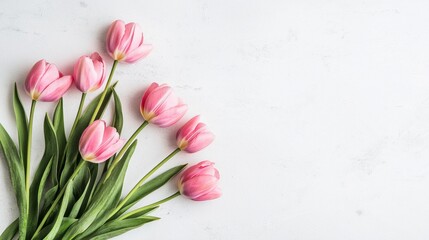Aufkleber - A beautiful arrangement of soft pink tulips with green stems lies against a light, neutral background. Their delicate petals evoke feelings of warmth and serenity, perfect for spring