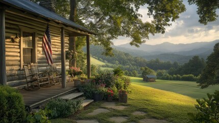 Poster - Log Cabin Porch Mountain View American Flag