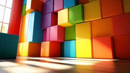 Aufkleber - Sunlight illuminating room with colorful cubes stacked on wall